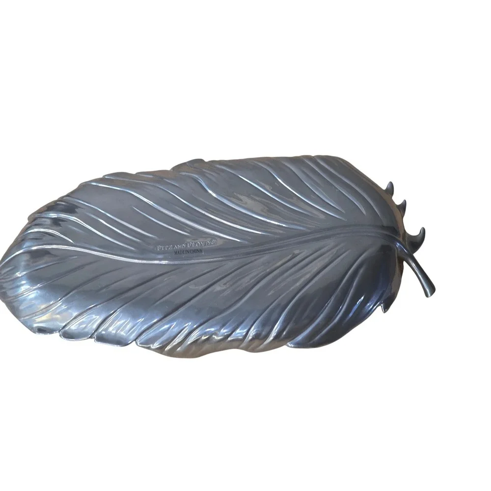 Fitz and Floyd Silver Metal Leaf Platter Decorative Tray with Flower Accent 12in